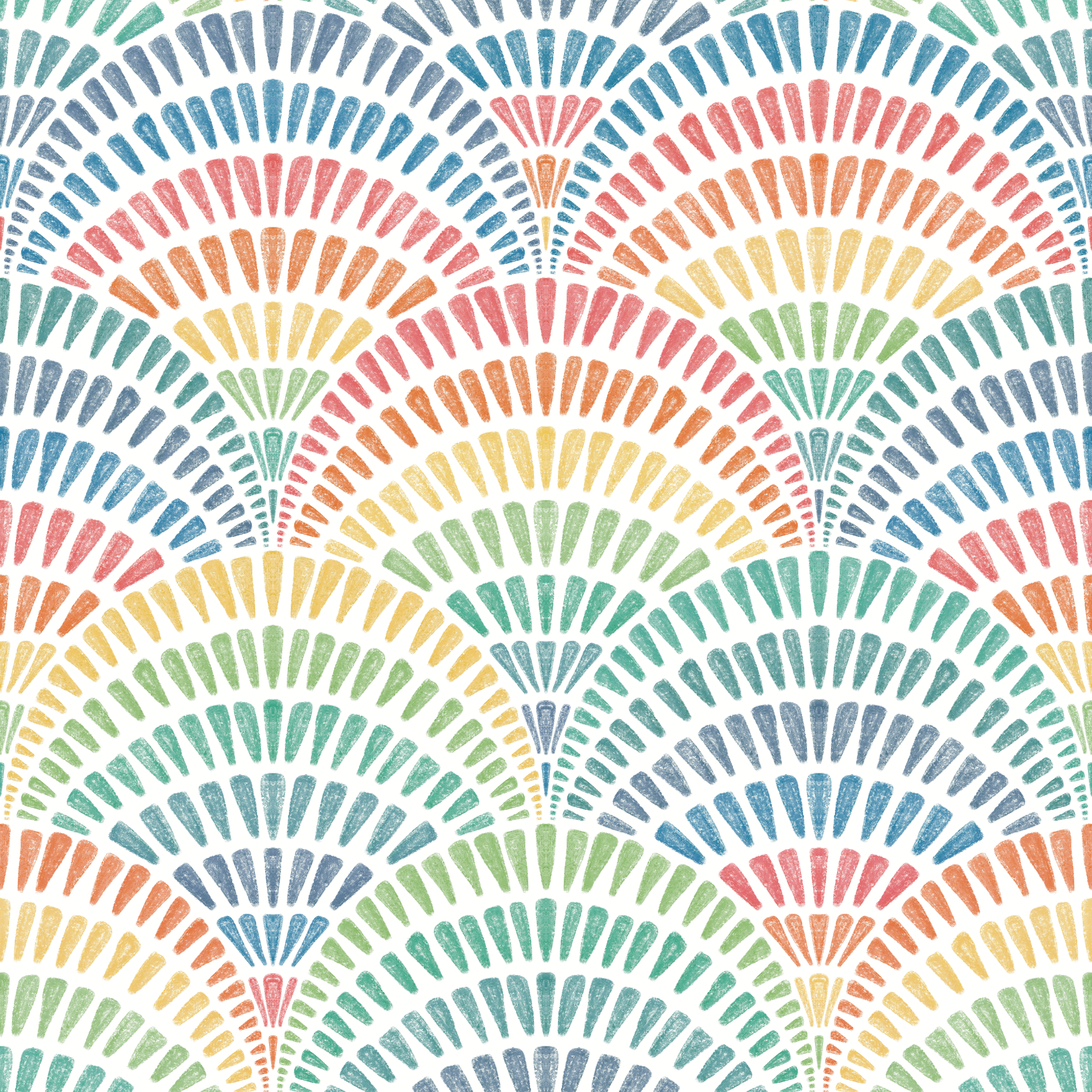 A repeating watercolor-style fan or scallop pattern in pastel blue, teal, green, yellow, orange, and pink on a white background.